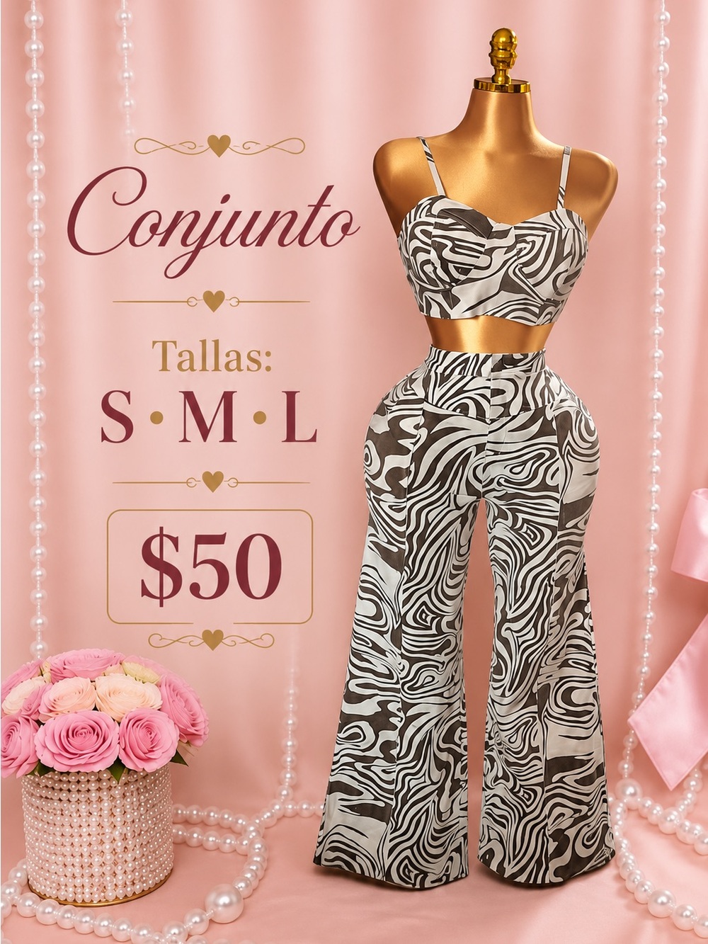 Two-Piece Zebra Print Wide-Leg Set - Black & White S/M/L